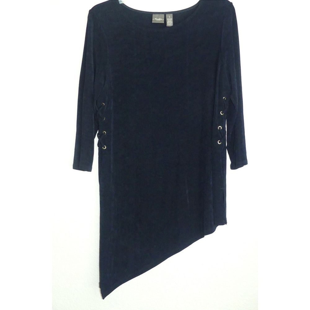 Chicos Travelers Navy Blue Asymmetrical Nautical Lace Tunic Top Sz 1 Medium